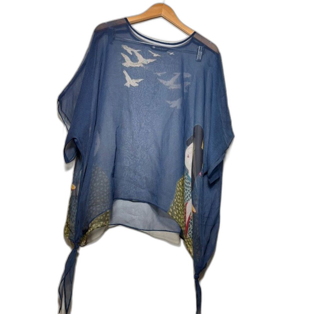 Cocoon House Silk Blouse Topper Size S/M Blue Asian Inspired Art To Wear Layover